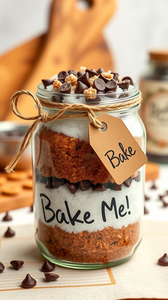 Layered cookie mix in a jar with chocolate chips and a tag, set in a cozy kitchen.